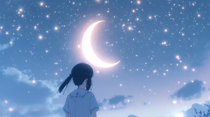 Obraz premium In a starry sky, a crescent moon glows in a soft, ethereal glow