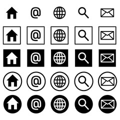 Web interface icons. Email and search. Globe home symbols. Vector black set.