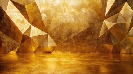 Geometric gold wall with intricate triangular patterns and a matching gold floor, ideal for luxurious and modern interior design themes