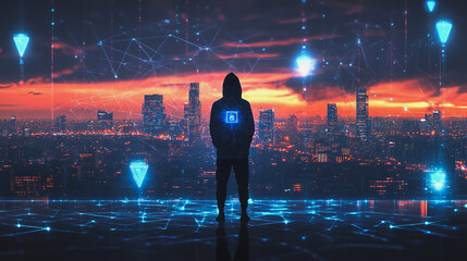 Hacker are planning to hack and attack networks and cyber security systems.Smart digital Innovation city with connection network reciprocity over the cityscape