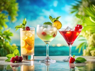 Chic Three Glasses Fashion Photography: Stylish Drinks, Summer Cocktails,  Elegant Glassware,  Luxury Lifestyle