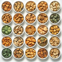Assorted savory snacks in bowls, overhead shot, food photography, website, blog, recipe