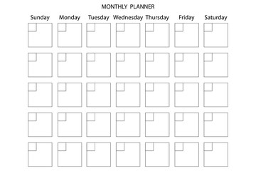 Monthly planner grid. Simple calendar layout. Organized schedule template. Vector illustration.