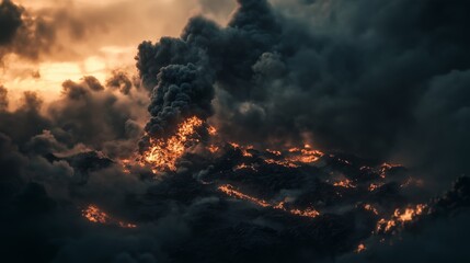 Volcanic eruption explodes with dark smoke, red hot lava.