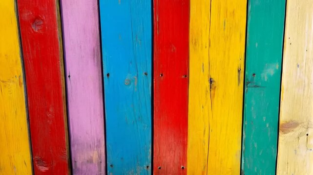 Vibrant wooden fence panels in colorful patterns and textures