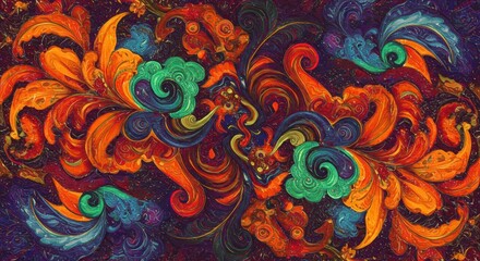 Abstract Swirls of Autumn: A mesmerizing digital artwork featuring vibrant swirls of orange, teal, and purple, creating a captivating autumnal palette in an abstract, symmetrical design. 
