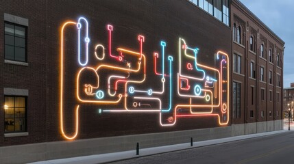 Obraz premium Colorful neon wall art on brick building, city street at dusk