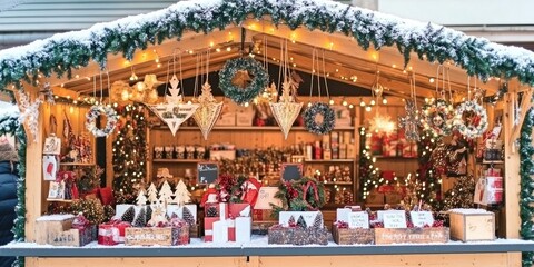 Obraz premium Festive Christmas market stall, winter snow, handmade gifts. Holiday shopping