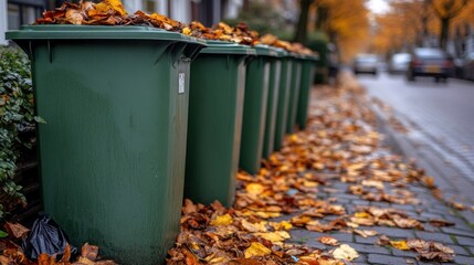 Autumn leaves overflowing green bins on residential street.