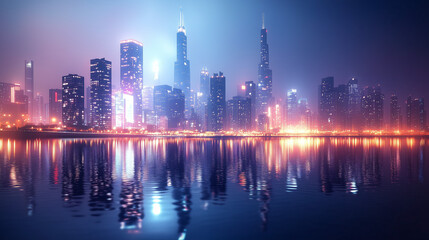 Fototapeta premium Stunning Night Cityscape Skyline Reflection Vibrant City Lights Urban Modern Architecture Nighttime City Downtown Buildings 