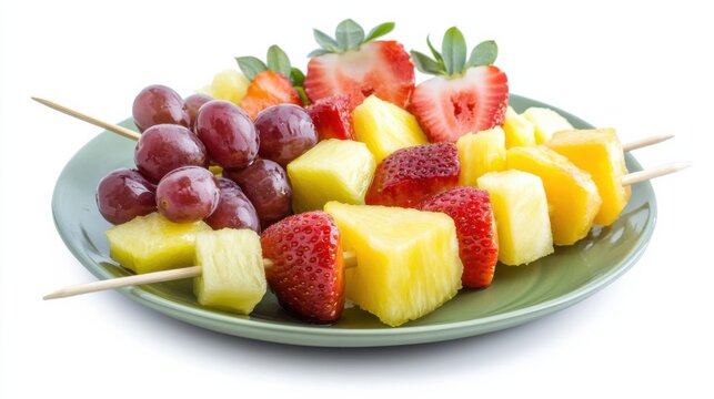 A plate of colorful fruit kabobs with chunks of pineapple, strawberries, grapes