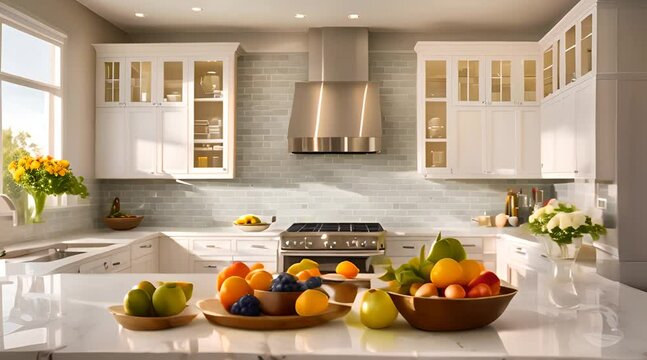 A bright, contemporary kitchen with white cabinets, gleaming stainless steel appliances, and a tiled backsplash