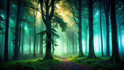 Fototapeta premium Dark Green Foggy Forest Silhouette Photography: Majestic Tree Silhouettes at Dusk