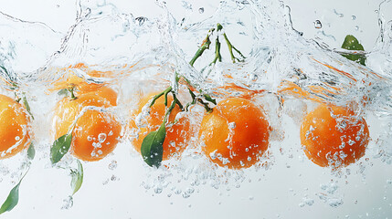 zesty grapefruit halves splashing in water, pink interiors and refreshing tones. 