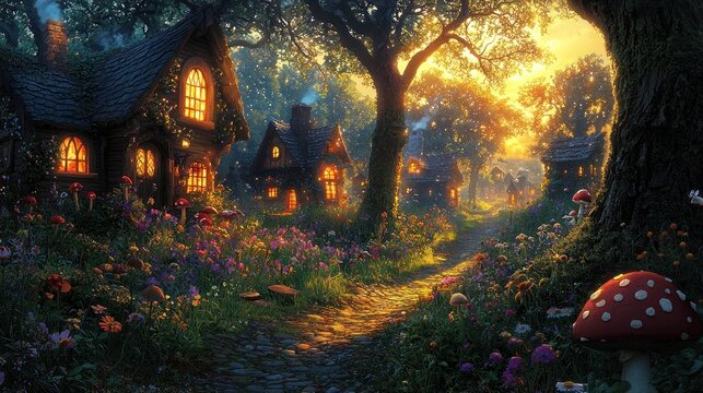 Enchanted Village at Sunset: A Whimsical Forest Scene with Glowing Houses and Colorful Flowers