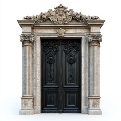 Fototapeta premium A classical door, with architectural elements of ancient Rome, white background, front view, fla