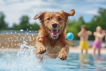 A joyful wet dog jumps into a pool during a sunny day, with a blue ball in the background and children playing nearby.
