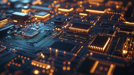 Obraz premium An intricate circuit board with glowing components, close-up view with illuminated parts, Tech-inspired style