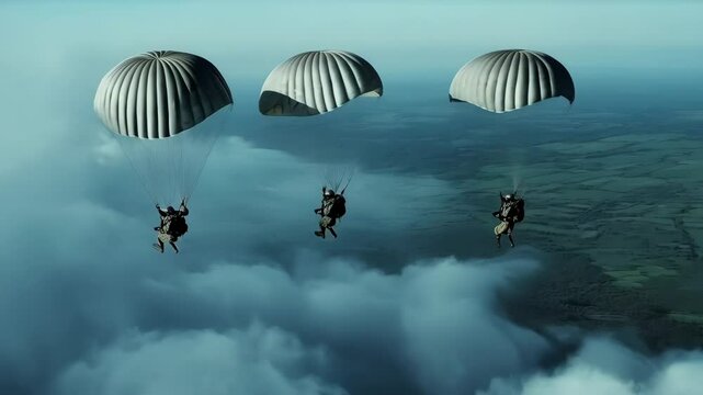Parachutists soaring through cloudy skies in synchrony above scenic landscape