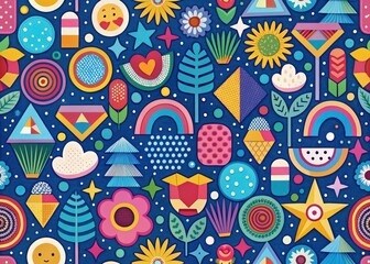 Fototapeta premium Kids' wallpaper featuring colorful, geometric, seamless doodle patterns.