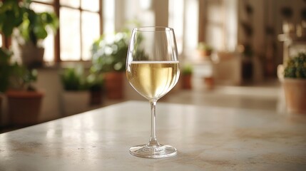 Glass of White Wine on Table with Plants in Background