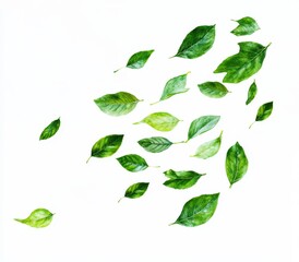 Green leaves floating in the air against a white background, flat lay composition, stock photography, high resolution