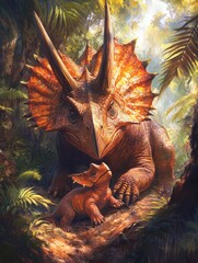 Triceratops mother and baby in lush jungle. Prehistoric family bond. Ideal for children's books