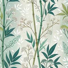 Fototapeta premium Elegant Teal Bamboo and Floral Botanical Seamless Pattern Design