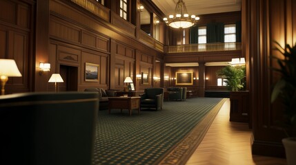 Elegant lobby with wooden paneling, seating, and decorative lighting.
