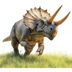 Fototapeta premium Triceratops charging, prehistoric landscape, wildlife, educational