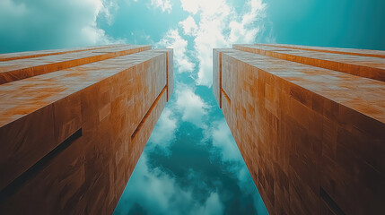 Low angle view of two tall, textured pillars reaching towards a vibrant blue sky with fluffy white clouds.