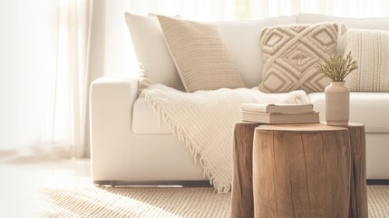 Close up of white sofa with beige pillows and wooden tree stump side table against window. Scandinavian interior design of modern living room, home.