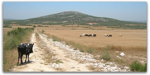 Lone calf on rural road, hill background, livestock grazing, countryside scene