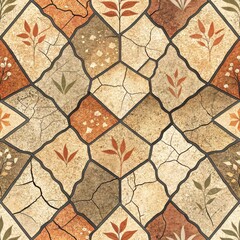 Abstract Beige and Brown Cracked Tile Pattern with Floral Design Seamless Texture