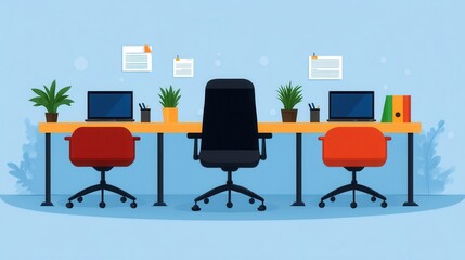 Modern office workspace with plants and computers.