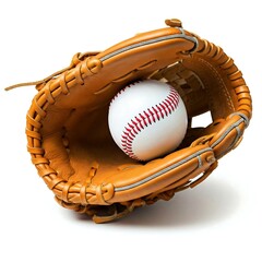  A brown leather baseball glove holding a white baseball, set against a blurred background.