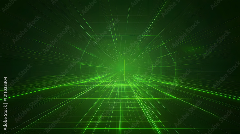 Fototapete Dynamic green laser grid action visualization digital realm abstract graphics futuristic environment aerial view energy concept