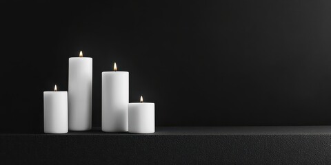A group of white candles on black background with copy space for text, minimalism, simple design