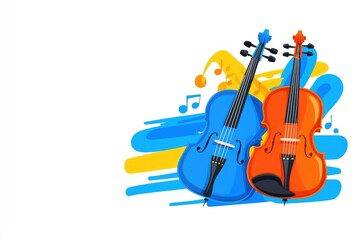 Fototapeta na wymiar Colorful illustration of a cello and violin with musical notes on an abstract background.