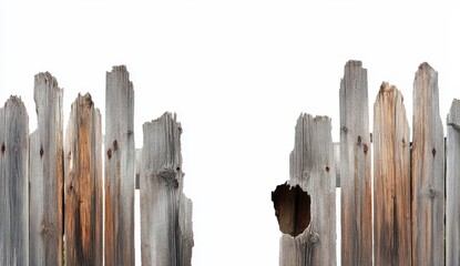 Obraz premium A broken wooden fence with a white background, a hole in the center of the wood.