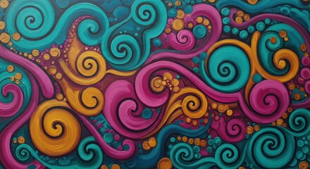 Whimsical Swirls: An abstract painting bursting with vibrant teal, magenta, and golden swirls, creating a mesmerizing and playful visual rhythm.