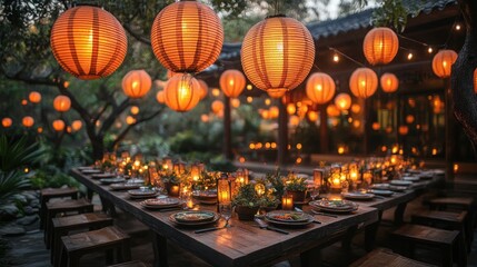 Outdoor garden party lanterns evening table setting
