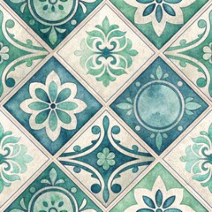 Elegant Teal and Cream Watercolor Tile Pattern Seamless Geometric Design Vintage Floral Motifs