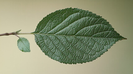 Close-up of a single green leaf with detailed vein texture on a twig against a muted background.