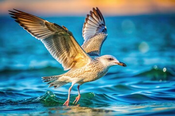 Fototapeta premium Juvenile Herring Gull First Flight, Coastal Bird, Seabird Photography, Wildlife Image, Rule of Thirds Composition