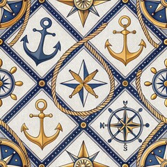 Tragetasche Nautical Mosaic Seamless Pattern Anchors Compass Roses Rope Design