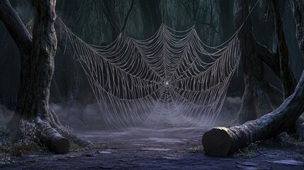 Enormous spiderweb in dark forest, misty path, Halloween background