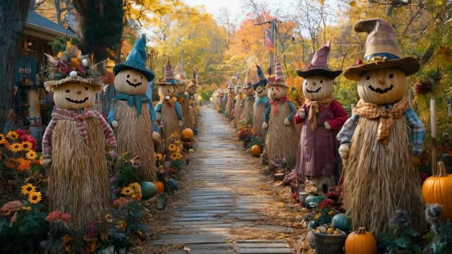 Charming autumn pathway with smiling scarecrows and vibrant foliage in serene garden setting