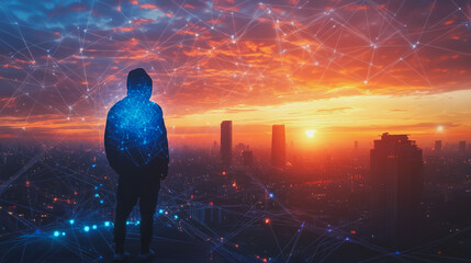 Fototapeta premium Hacker are planning to hack and attack networks and cyber security systems.Smart digital city with connection Innovation network reciprocity over the cityscape