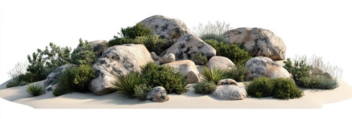 Boulders and rocks with vegetation on the ground, desert landscape. Isolated on a white background. PNG file for graphic design. 